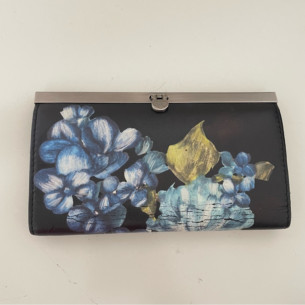 Patricia Nash Blue Clay Floral Spot Cauchy Black Leather Wallet